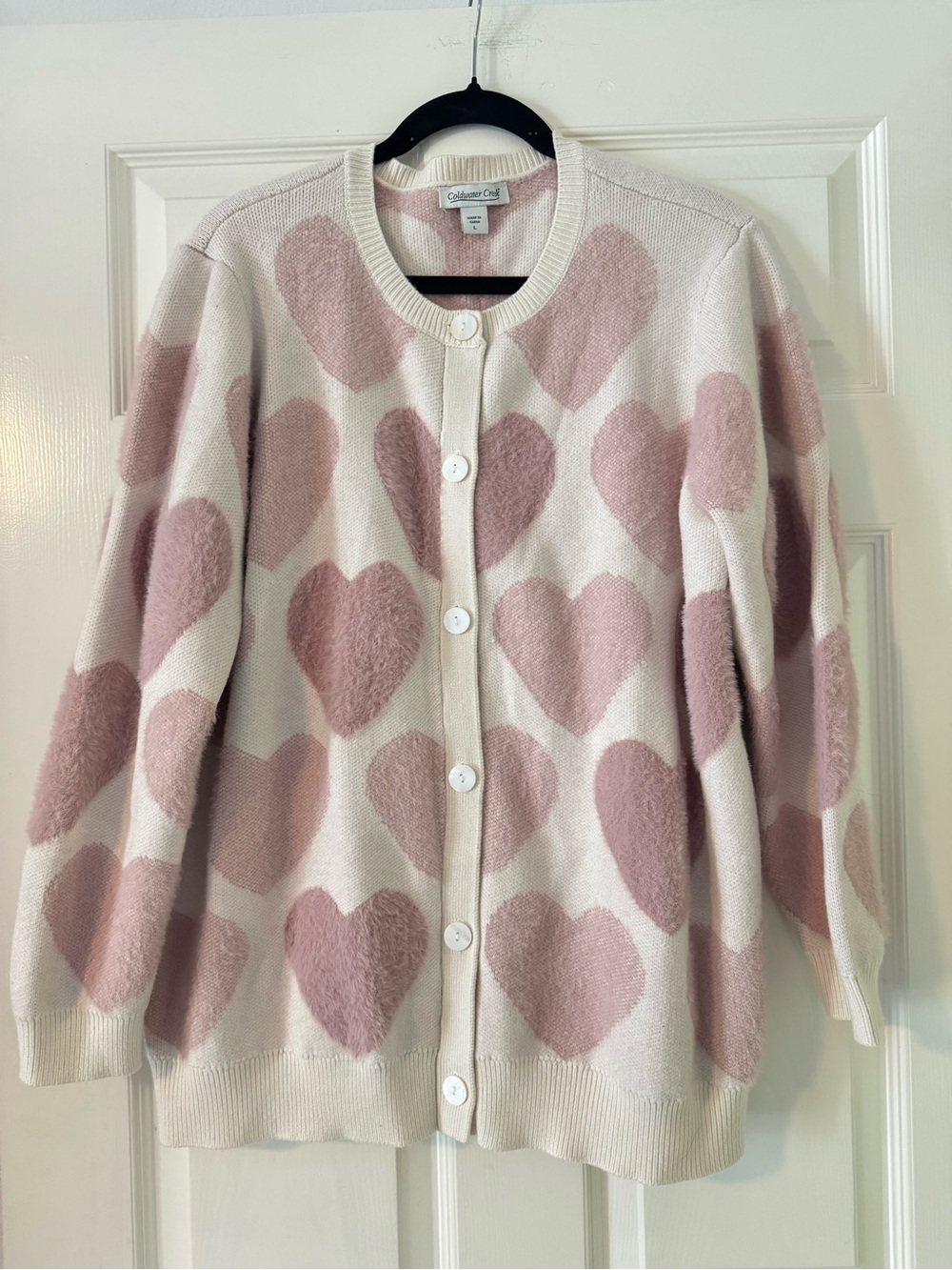 Coldwater Creek Cream Cardigan with Pink Heart Pattern - Picture 2 of 9